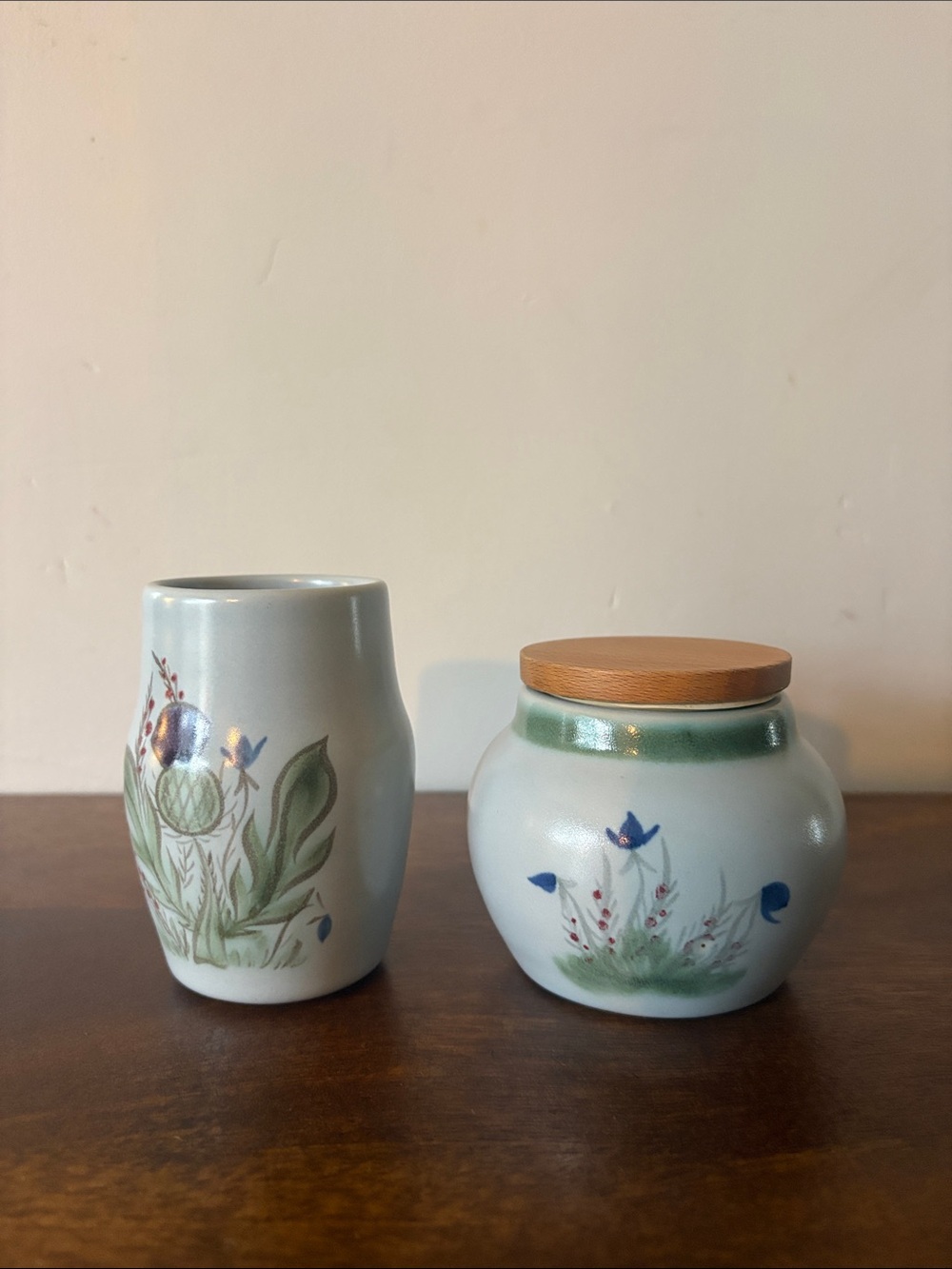 BUCHAN - Hand-Painted Ceramic Vase & Lidded Jar in Soft Blue with Floral Motif